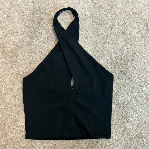 Zara black crisscross halter crop top Sz L spring summer festival beach party - Picture 2 of 9